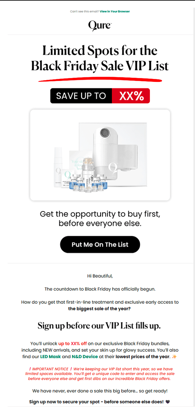 Qure Skincare ran a VIP early access pop-up before their BFCM sale.