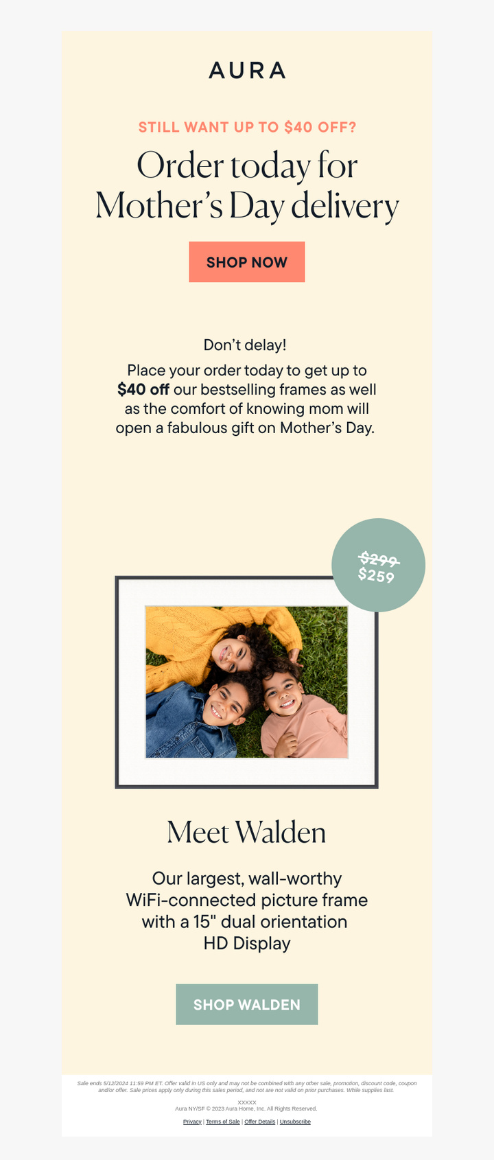 Aura Mother's Day email showing $299 crossed out to $259 with shipping deadline urgency