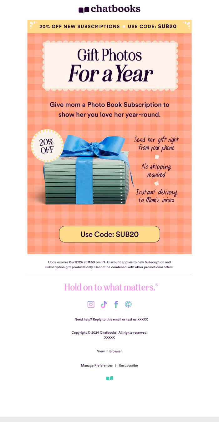 Chatbooks Mother's Day email with three handwritten lines handling every gift-buying objection