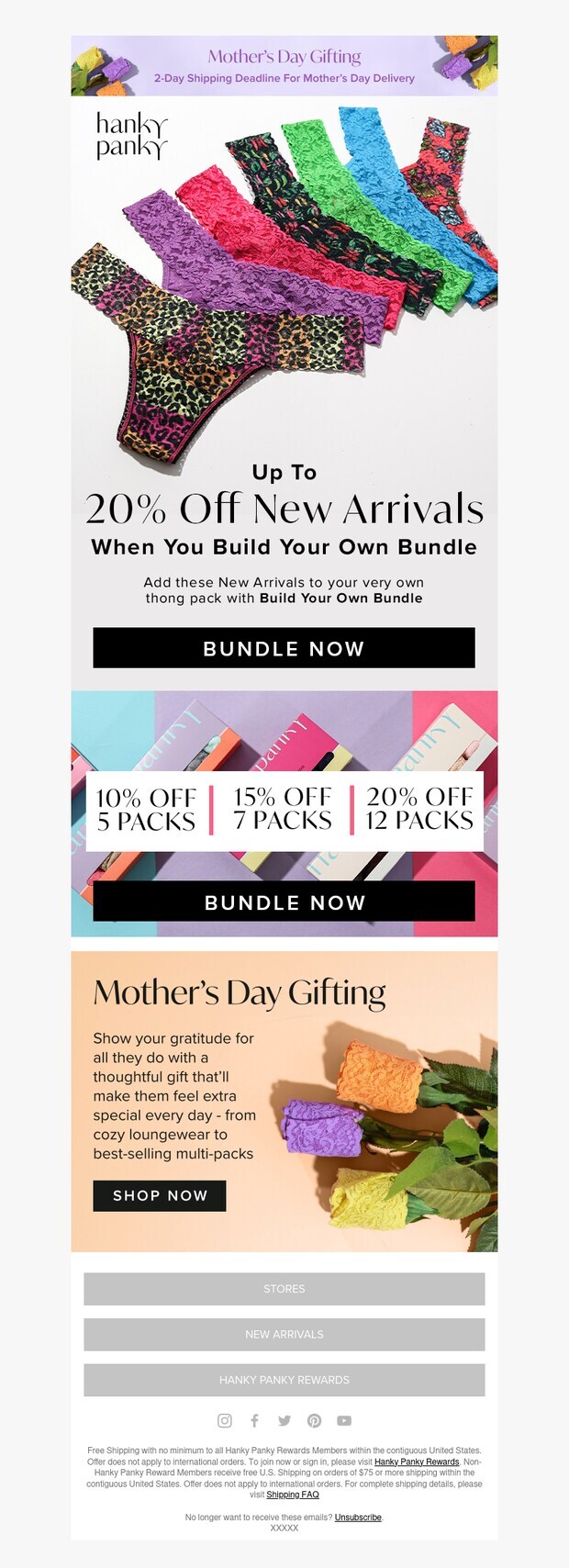 Hanky Panky Mother's Day email with tiered bundle pricing: 10% off 5 packs, 15% off 7 packs, 20% off 12 packs