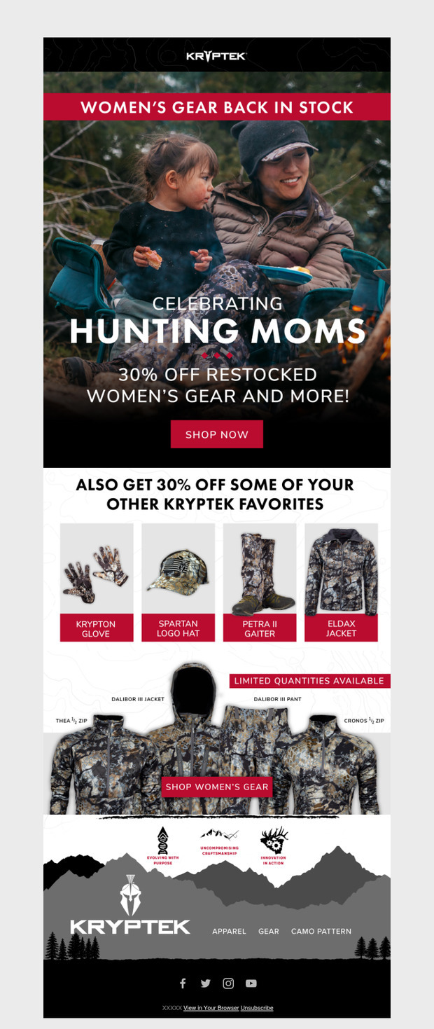 Kryptek Mother's Day email celebrating hunting moms with mother and daughter in camo gear