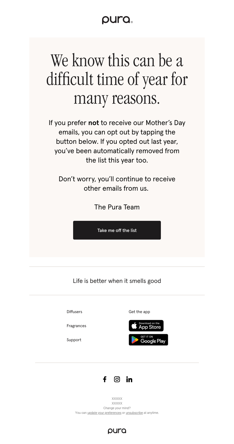Pura Mother's Day opt-out email inviting subscribers to remove themselves from the Mother's Day list
