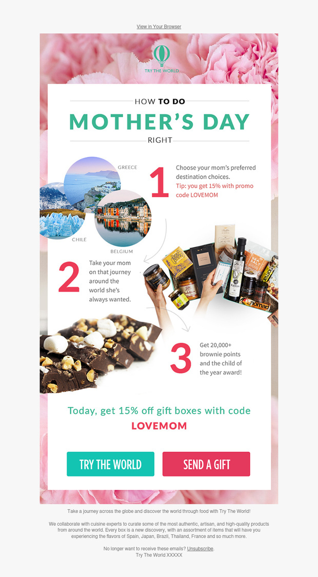 Try The World Mother's Day email framing the gift purchase as a numbered three-step task