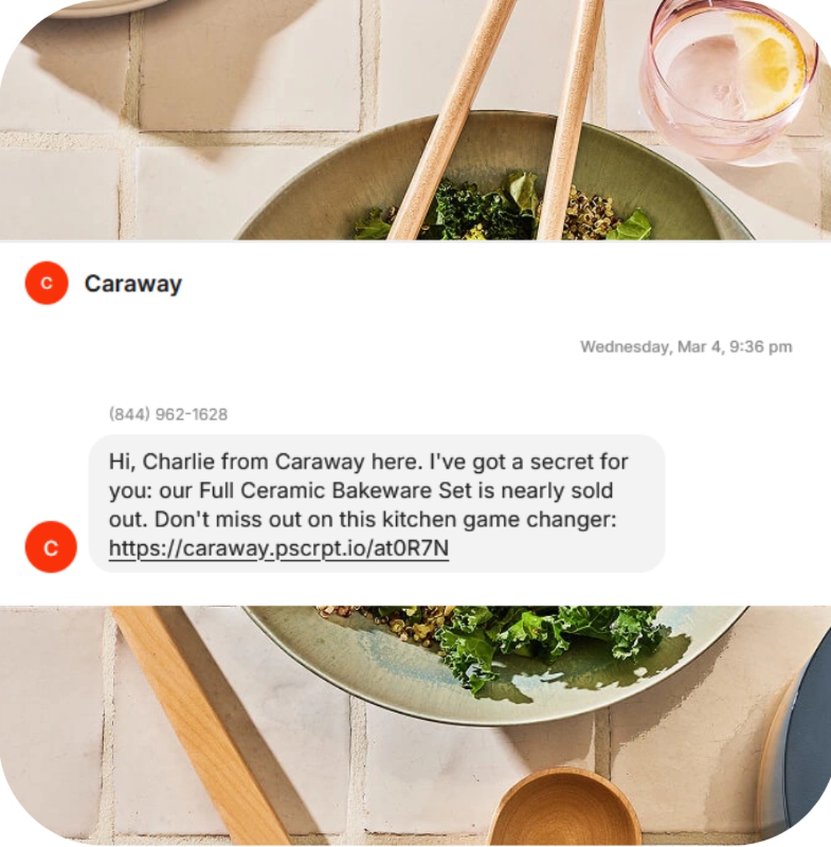 Caraway SMS from a named sender Charlie warning the Full Ceramic Bakeware Set is nearly sold out