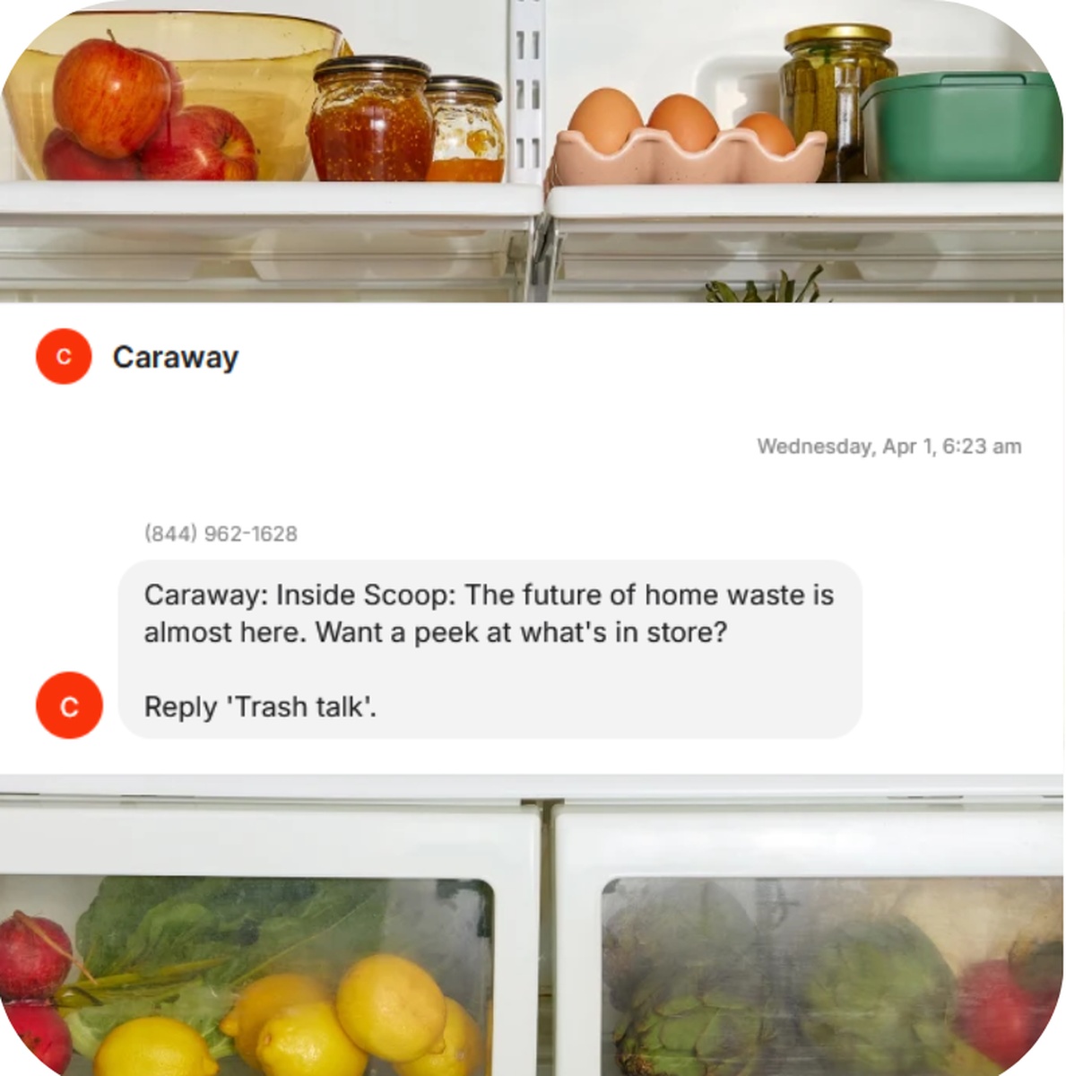 Caraway SMS asking subscribers to reply 'Trash talk' for an inside scoop on a future product