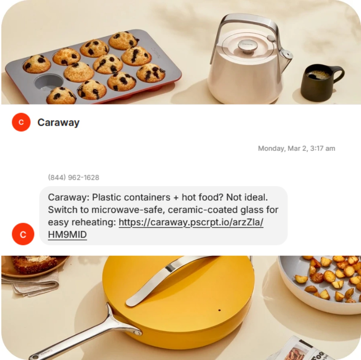 Caraway SMS noting that plastic containers and hot food are a bad combo and suggesting ceramic-coated glass