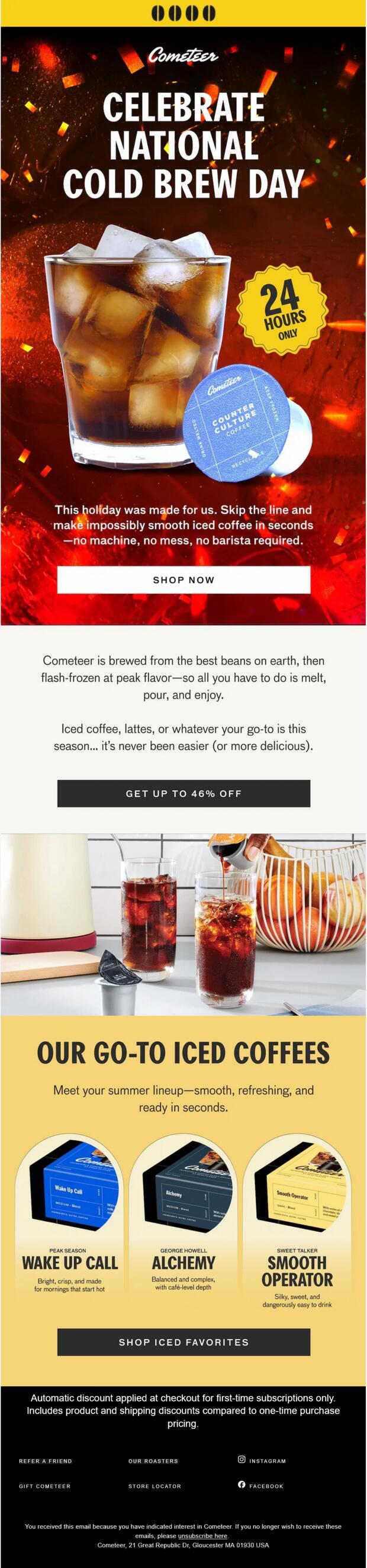 Cometeer National Cold Brew Day email with confetti background, scarcity badge, and three iced coffee SKUs at 46% off