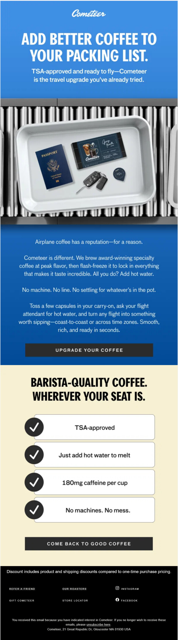 Cometeer travel-themed email pitching capsules as TSA-approved coffee for flights and travel