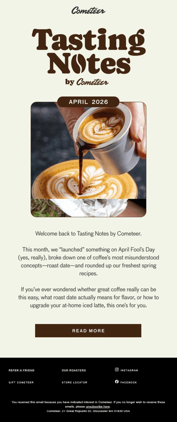 Cometeer Tasting Notes April 2026 monthly newsletter with roast education and recipe content