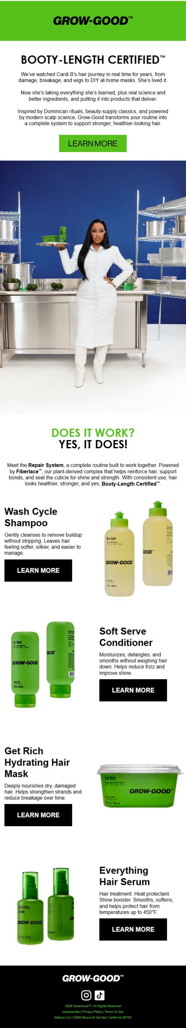 Grow-Good education email titled Booty-Length Certified showing the Repair System lineup and Fiberlace technology