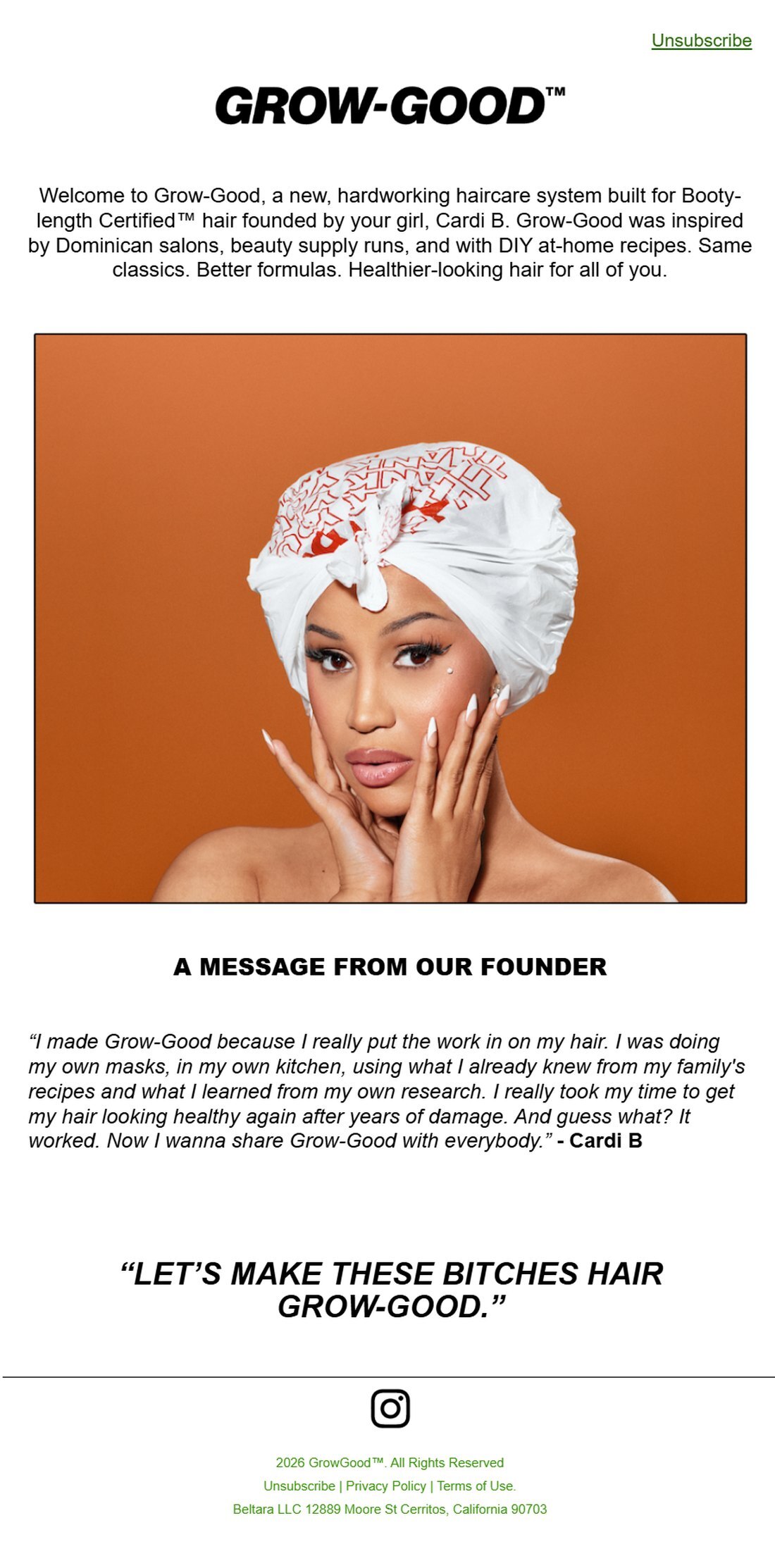 Grow-Good welcome email featuring a single founder photo, brand intro paragraph, and a Cardi B founder quote