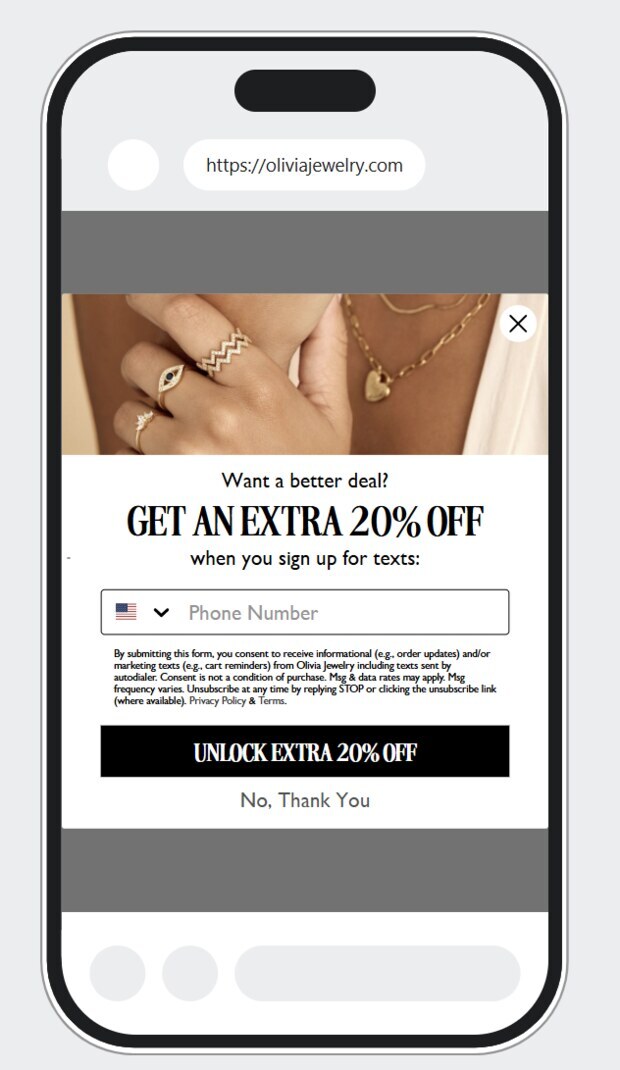 Olivia Jewelry SMS-only welcome pop-up on mobile reading Get an extra 20 percent off when you sign up for texts