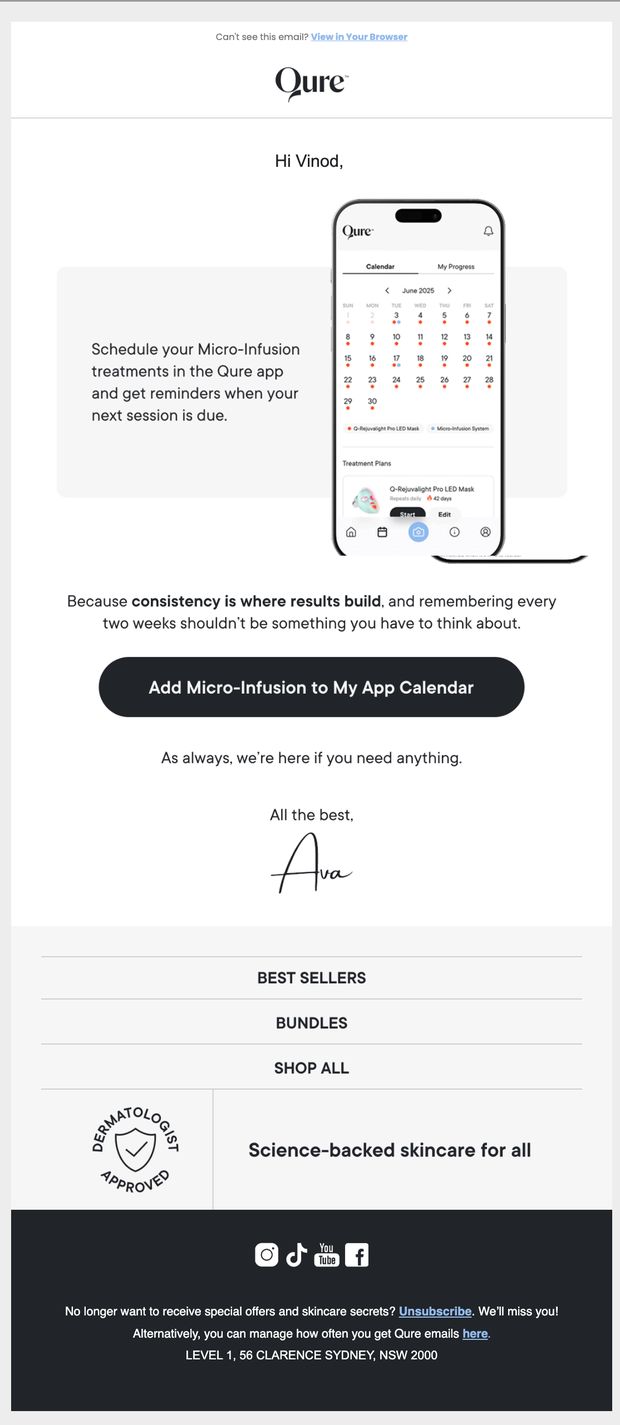 Qure Skincare post-purchase email asking the customer to add their treatment schedule to their phone calendar. Single CTA, no discount, no review request. Tap to enlarge.