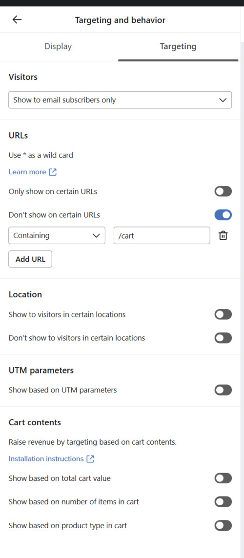 Klaviyo pop-up targeting settings showing Visitors dropdown set to Show to email subscribers only