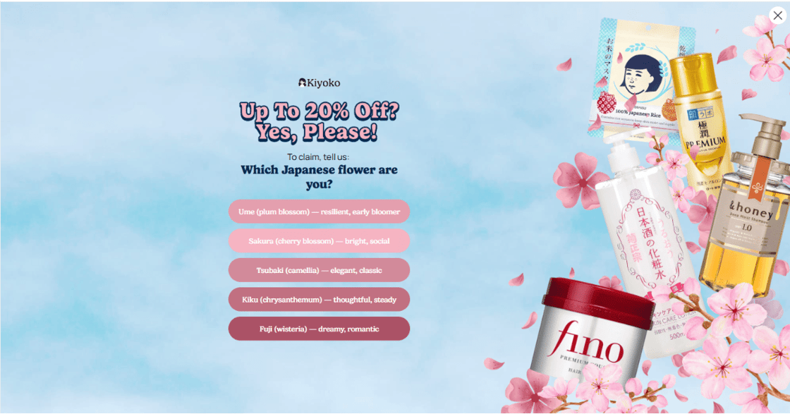 iyoko full-page quiz — Step 1, the flower question