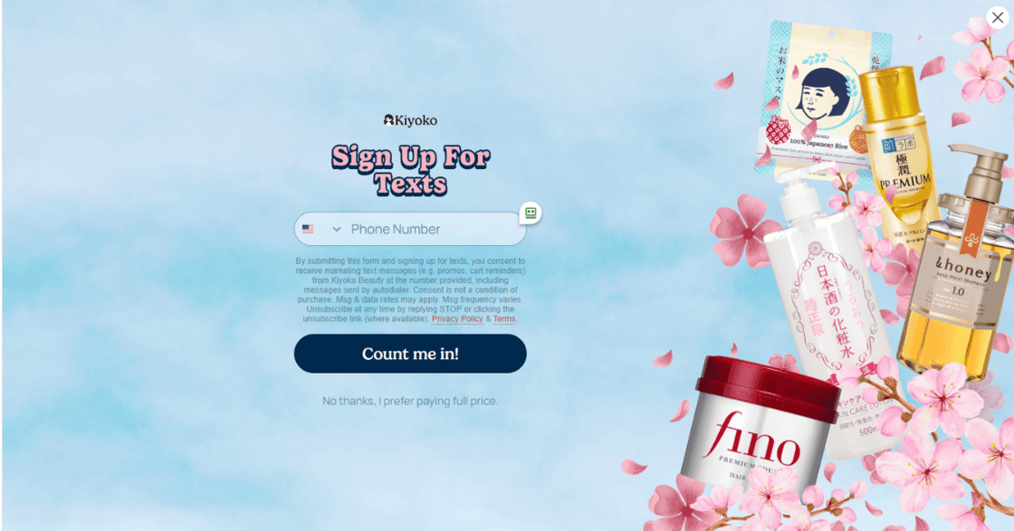 Kiyoko full-page quiz — Steps 3, email and SMS capture