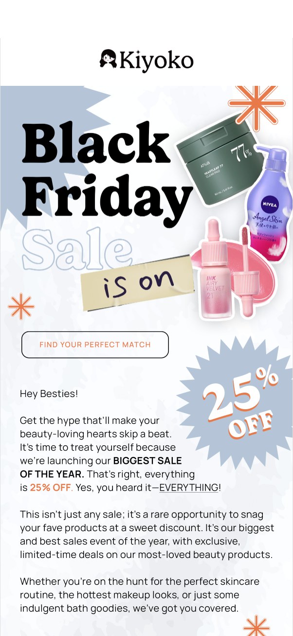 Kiyoko Beauty Black Friday sale email