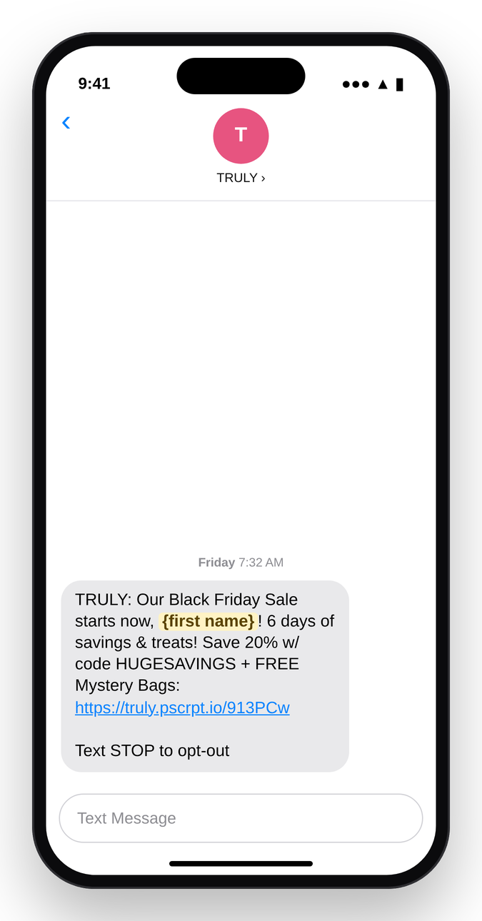 Truly Beauty's Black Friday morning text to past buyers