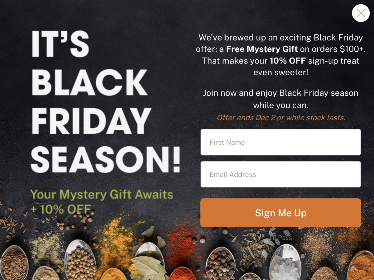 Black Friday pop-up offering a free mystery gift on larger orders plus 10% off for signing up