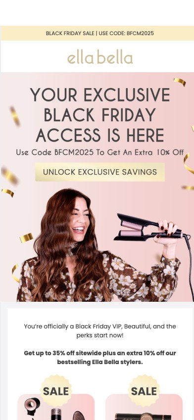 Ella Bella email telling a subscriber their Black Friday VIP access is open